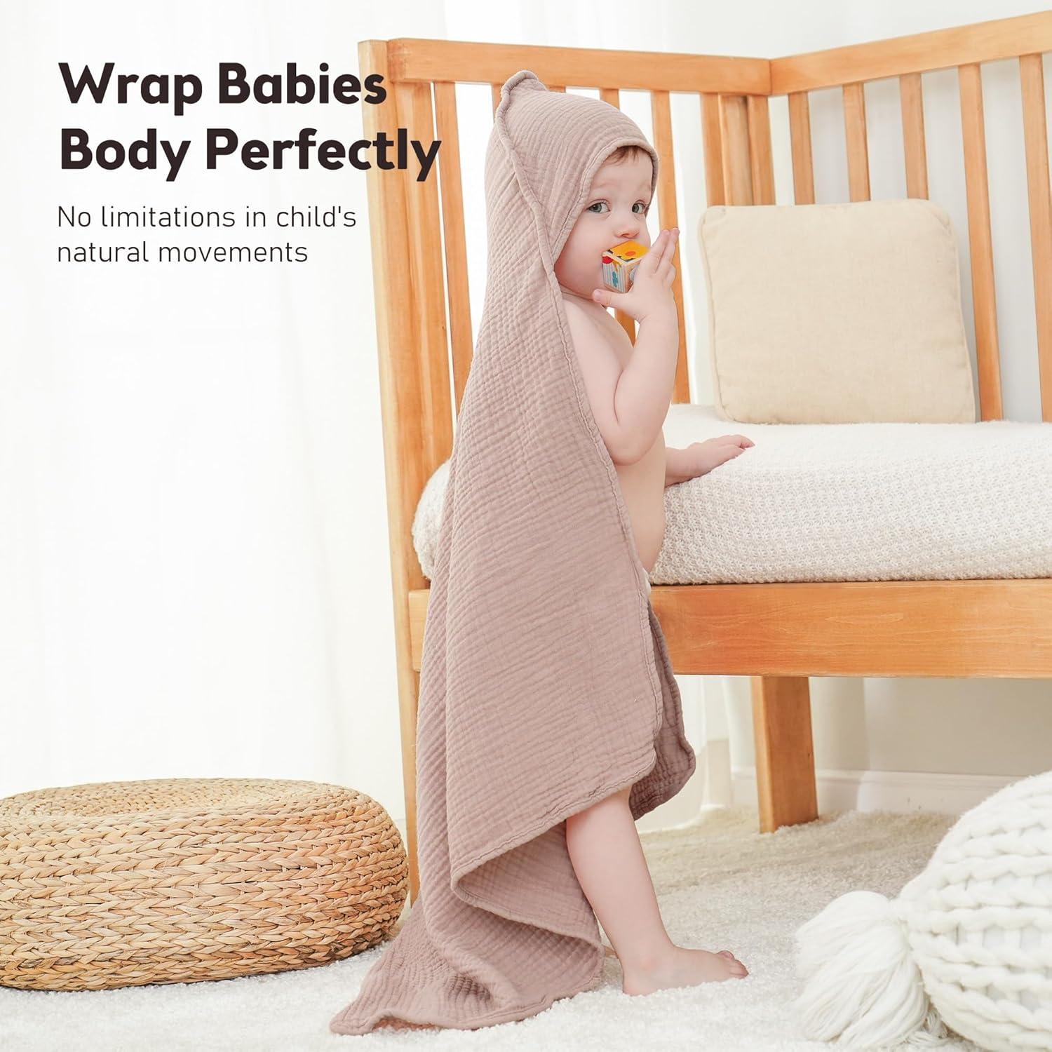 image:imageSusurration Hooded Baby Towels for Newborn 2 Pack 100 Muslin Cotton Towel for BabiesHighly Absorbent and Newborn Essential 30x30 Inch BeigeampSandPink Starsand