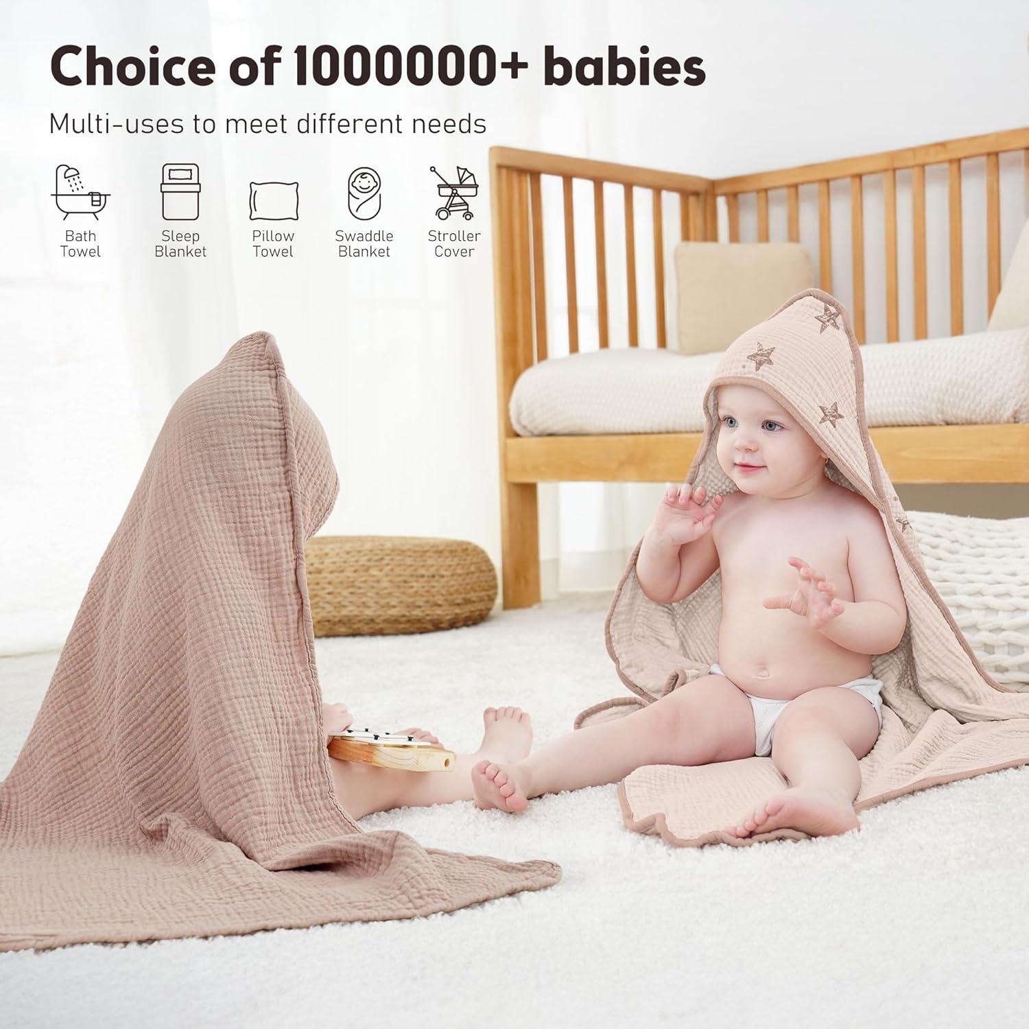 image:imageSusurration Hooded Baby Towels for Newborn 2 Pack 100 Muslin Cotton Towel for BabiesHighly Absorbent and Newborn Essential 30x30 Inch BeigeampSandPink Starsand