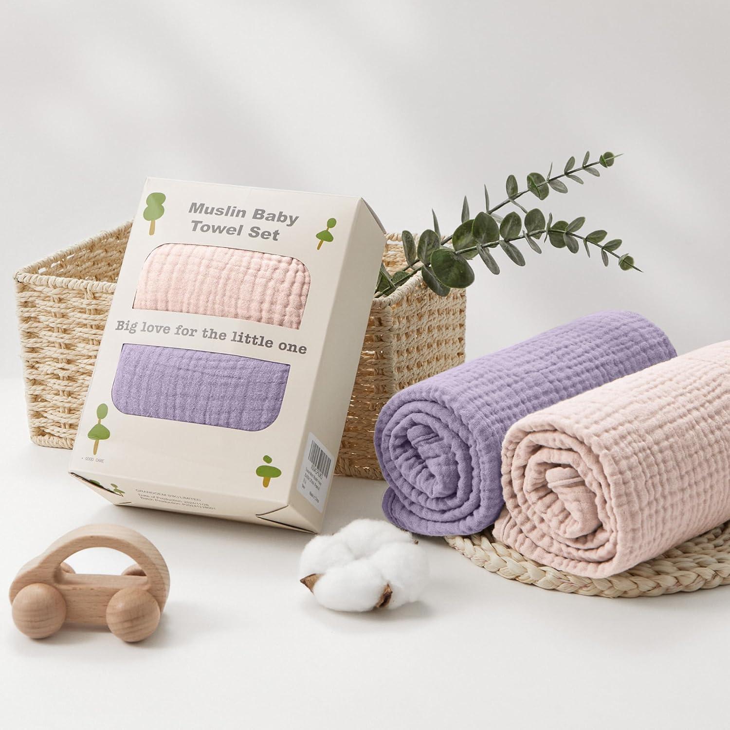image:imageSusurration Hooded Baby Towels for Newborn 2 Pack 100 Muslin Cotton Towel for BabiesHighly Absorbent and Newborn Essential 30x30 Inch BeigeampSandPinkpurple