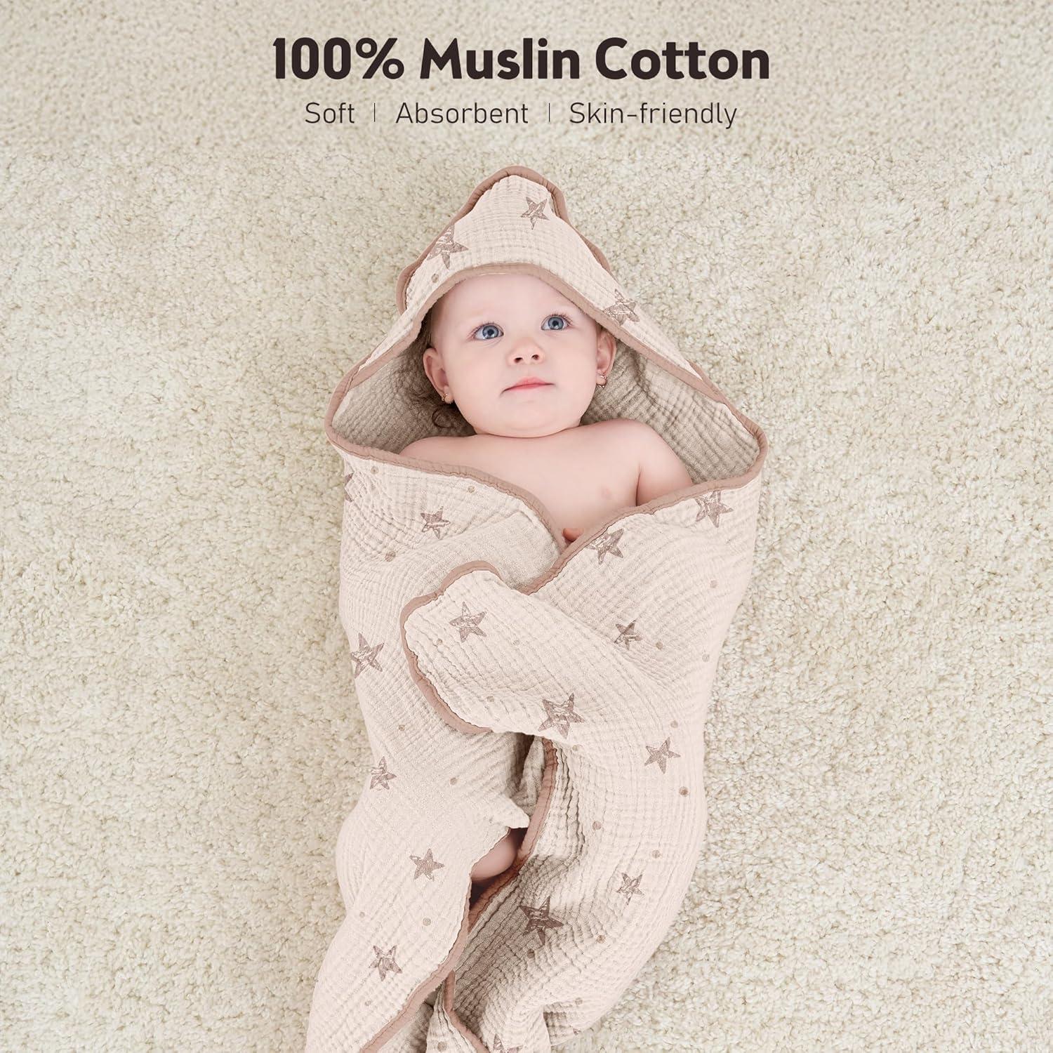 image:imageSusurration Hooded Baby Towels for Newborn 2 Pack 100 Muslin Cotton Towel for BabiesHighly Absorbent and Newborn Essential 30x30 Inch BeigeampSandPink Starsand