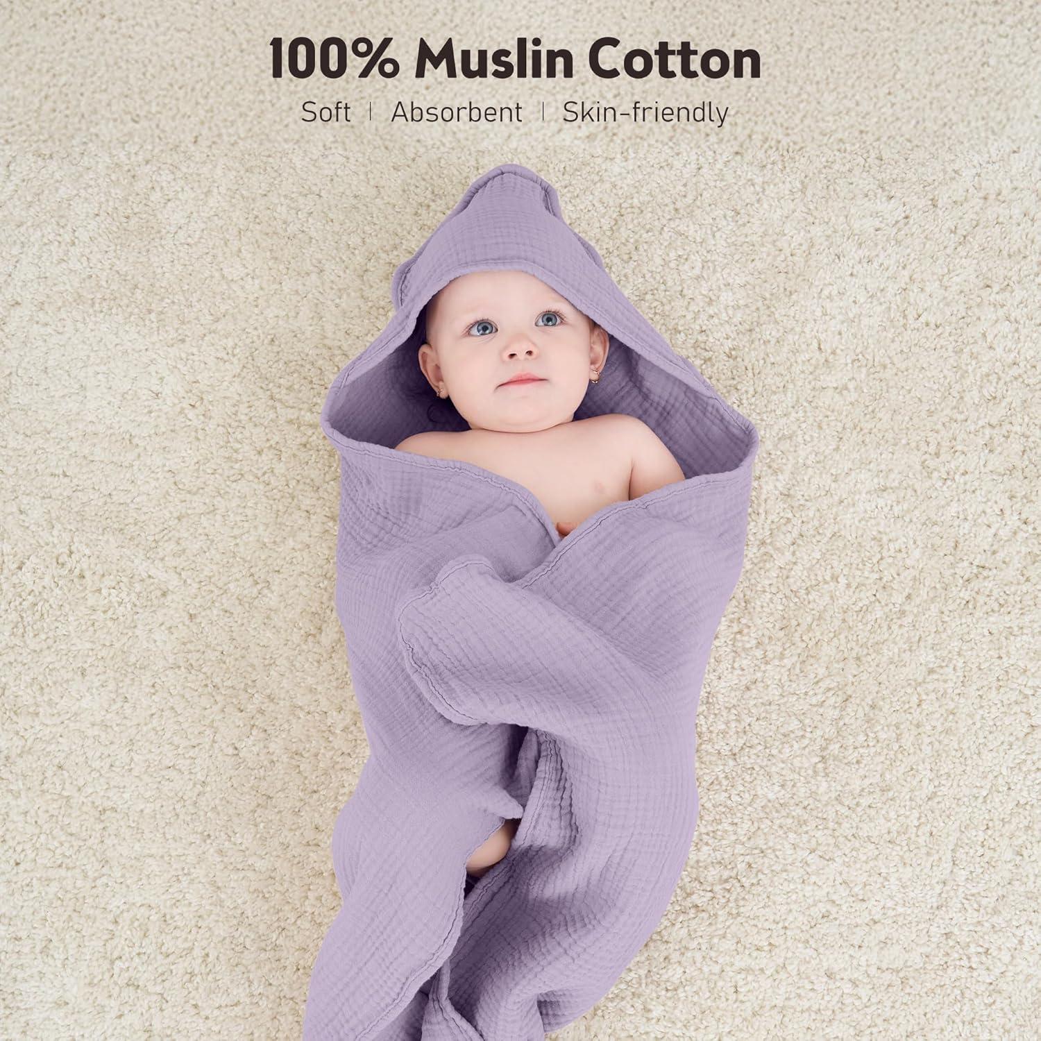 image:imageSusurration Hooded Baby Towels for Newborn 2 Pack 100 Muslin Cotton Towel for BabiesHighly Absorbent and Newborn Essential 30x30 Inch BeigeampSandPinkpurple