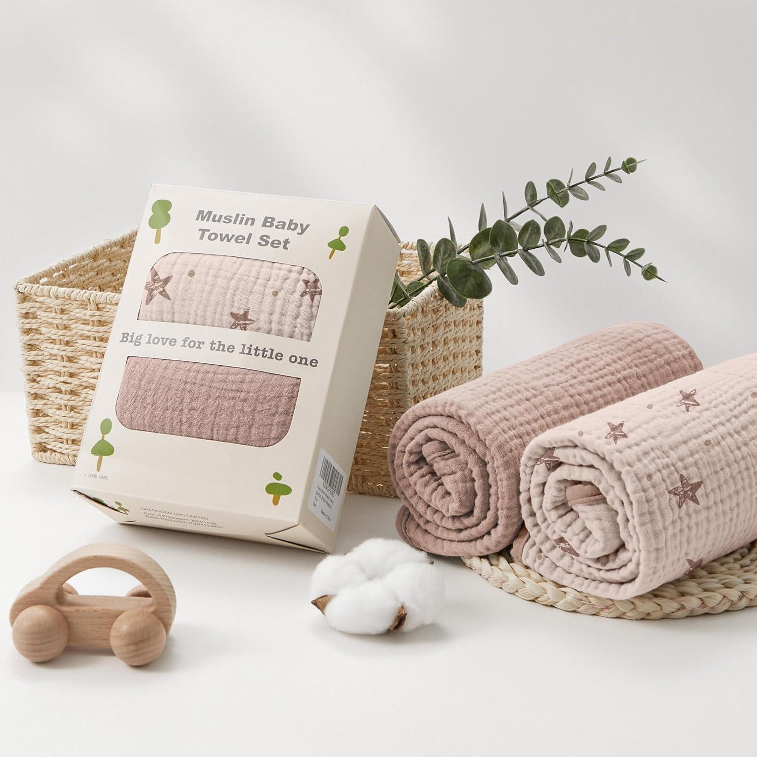 image:imageSusurration Hooded Baby Towels for Newborn 2 Pack 100 Muslin Cotton Towel for BabiesHighly Absorbent and Newborn Essential 30x30 Inch BeigeampSandPink Starsand