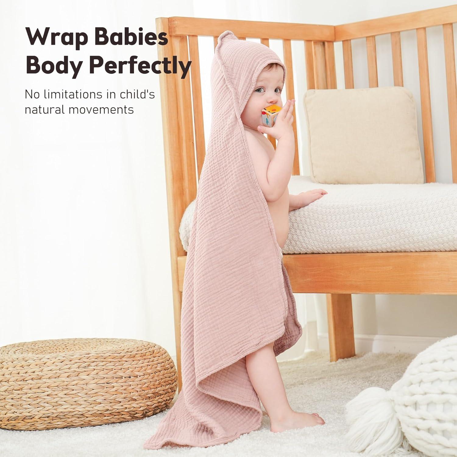 image:imageSusurration Hooded Baby Towels for Newborn 2 Pack 100 Muslin Cotton Towel for BabiesHighly Absorbent and Newborn Essential 30x30 Inch BeigeampSandPinkpurple