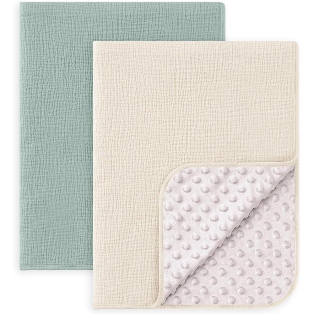 image:imageSusurration Baby Blanket for Unisex Boys Girls Soft Nursery Minky Blanket with Muslin Cotton Front and Dotted Fleece Back Receiving Blanket for Baby Newborn Infant 30x40inch Dinosaur2 Pack Green