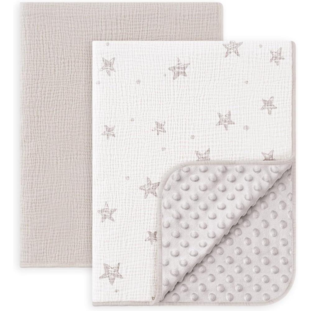 image:imageSusurration Baby Blanket for Unisex Boys Girls Soft Nursery Minky Blanket with Muslin Cotton Front and Dotted Fleece Back Receiving Blanket for Baby Newborn Infant 30x40inch Dinosaur2 Pack Beige Star