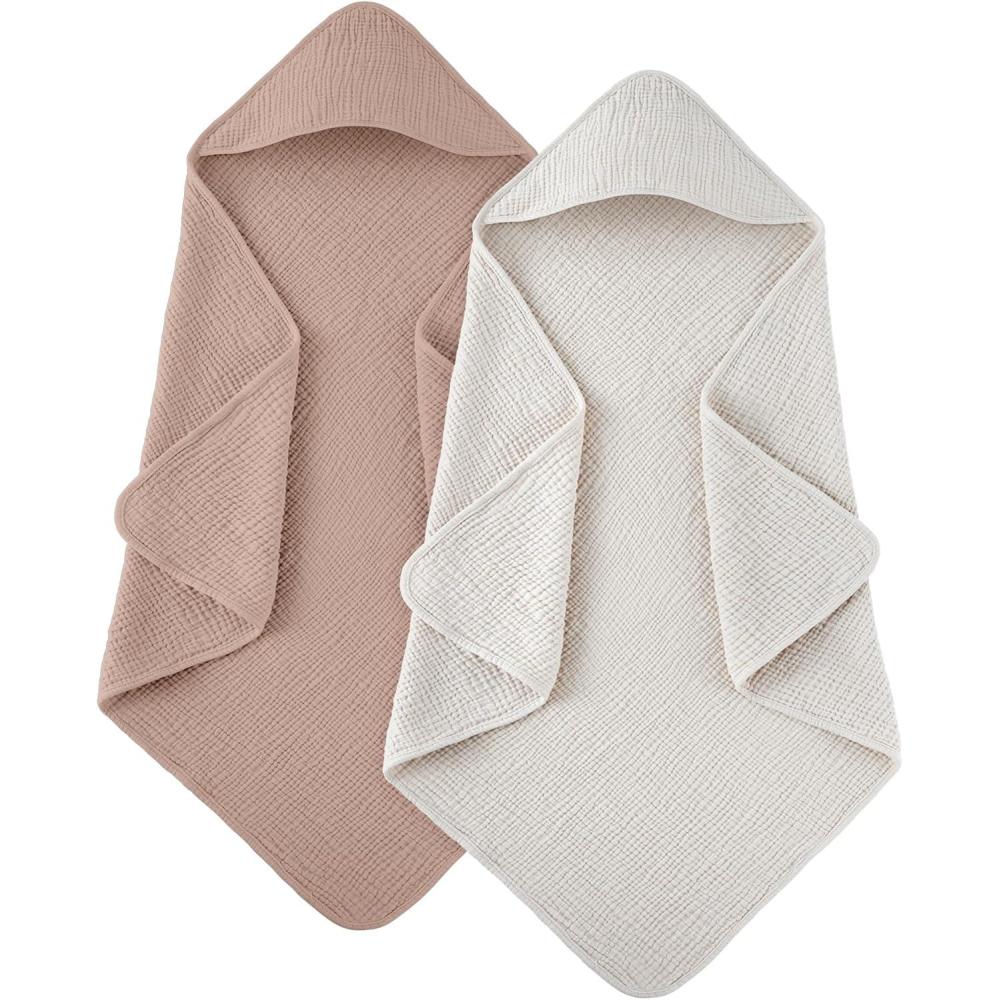 image:imageSusurration Hooded Baby Towels for Newborn 2 Pack 100 Muslin Cotton Towel for BabiesHighly Absorbent and Newborn Essential 30x30 Inch BeigeampSandCreamsand