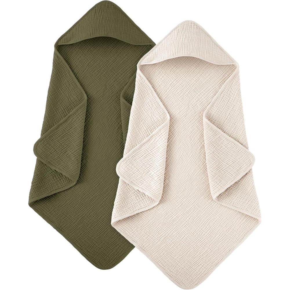 image:imageSusurration Hooded Baby Towels for Newborn 2 Pack 100 Muslin Cotton Towel for BabiesHighly Absorbent and Newborn Essential 30x30 Inch BeigeampSandCreamdark Green