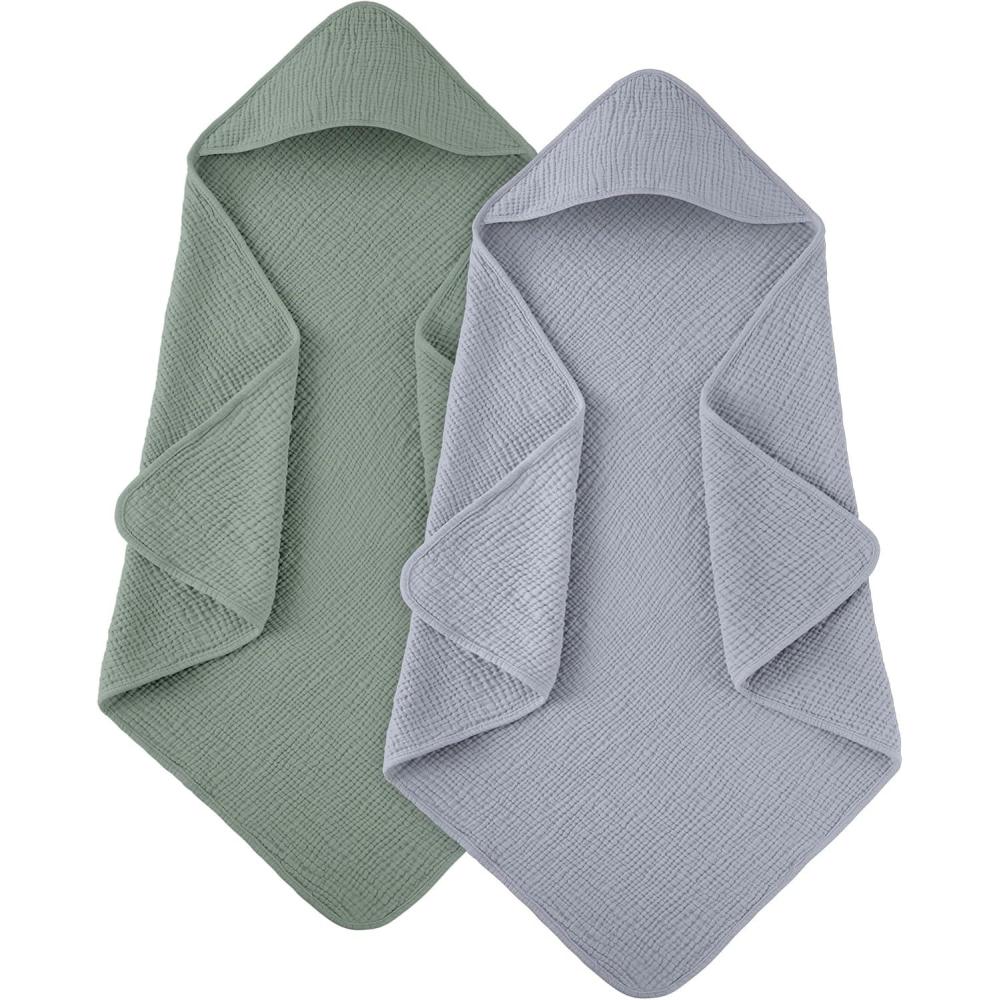 image:imageSusurration Hooded Baby Towels for Newborn 2 Pack 100 Muslin Cotton Towel for BabiesHighly Absorbent and Newborn Essential 30x30 Inch BeigeampSandGraygreen