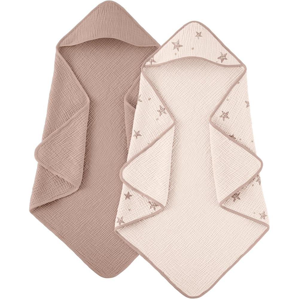 image:imageSusurration Hooded Baby Towels for Newborn 2 Pack 100 Muslin Cotton Towel for BabiesHighly Absorbent and Newborn Essential 30x30 Inch BeigeampSandPink Starsand