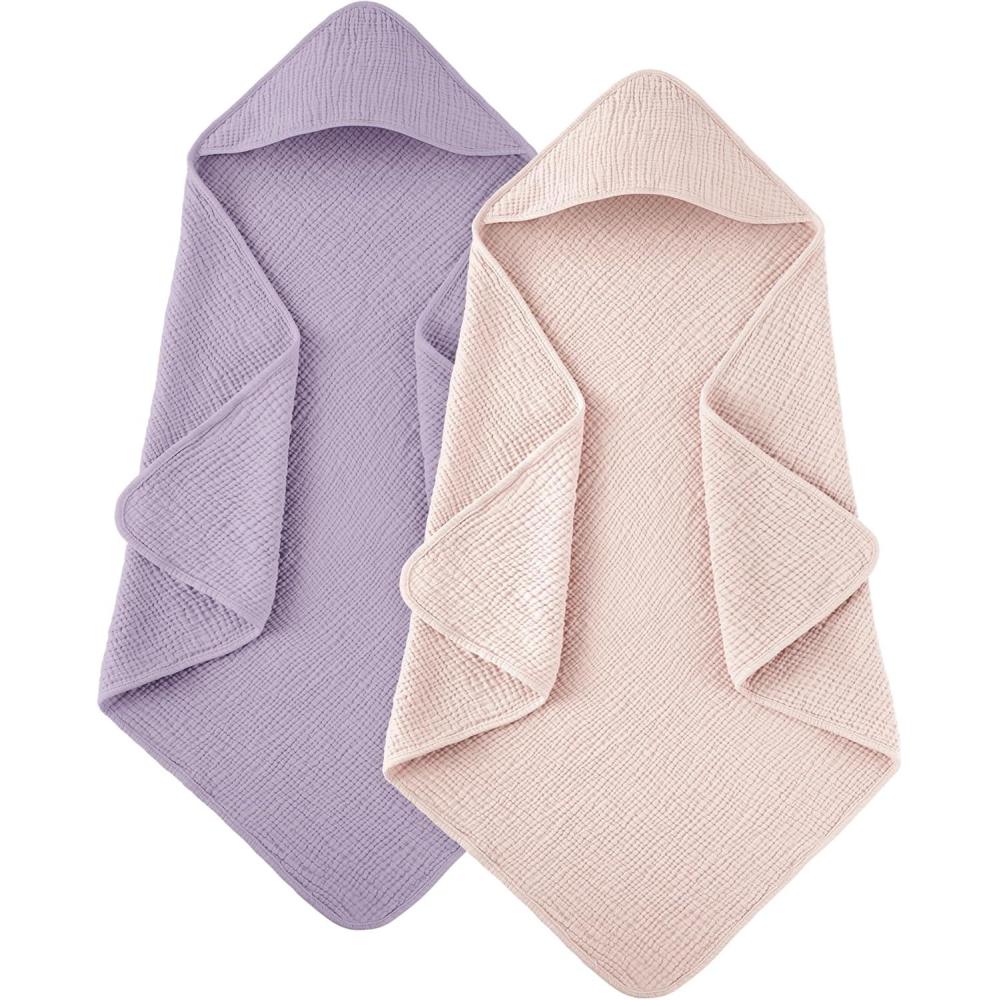image:imageSusurration Hooded Baby Towels for Newborn 2 Pack 100 Muslin Cotton Towel for BabiesHighly Absorbent and Newborn Essential 30x30 Inch BeigeampSandPinkpurple