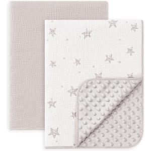 image:imageSusurration Baby Blanket for Unisex Boys Girls Soft Nursery Minky Blanket with Muslin Cotton Front and Dotted Fleece Back Receiving Blanket for Baby Newborn Infant 30x40inch Dinosaur2 Pack Beige Star