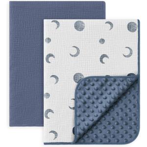 image:imageSusurration Baby Blanket for Unisex Boys Girls Soft Nursery Minky Blanket with Muslin Cotton Front and Dotted Fleece Back Receiving Blanket for Baby Newborn Infant 30x40inch Dinosaur2 Pack Bluemoon