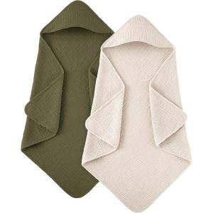 image:imageSusurration Hooded Baby Towels for Newborn 2 Pack 100 Muslin Cotton Towel for BabiesHighly Absorbent and Newborn Essential 30x30 Inch BeigeampSandCreamdark Green